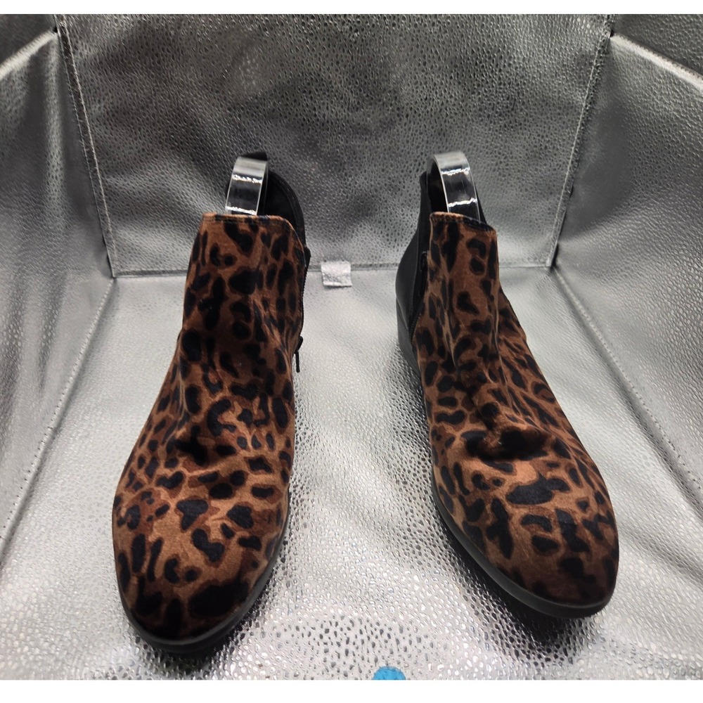 Leopard Print Ankle Boots Women Mixed Texture Low Block Heel Booties Side Zip